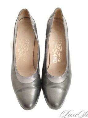 Salvatore Ferragamo pewter metallic leather pumps